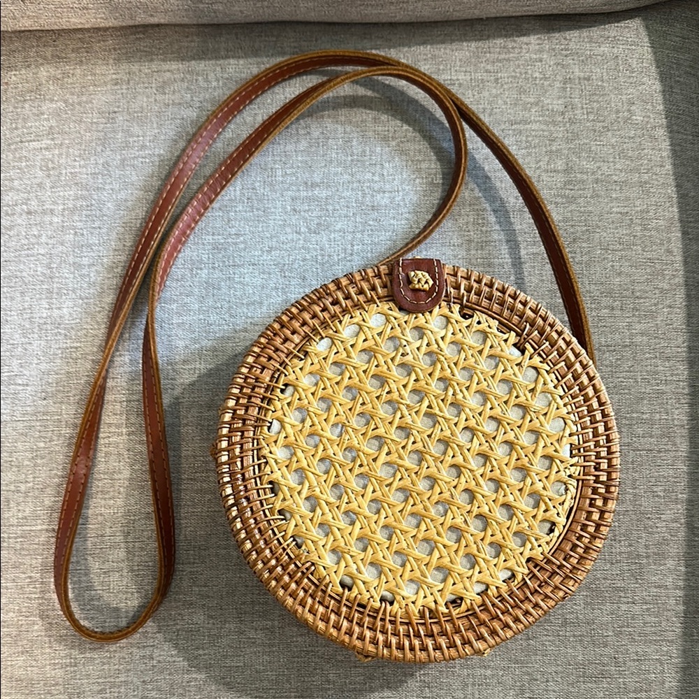 Brown and Tan Rattan Woven Round Bag